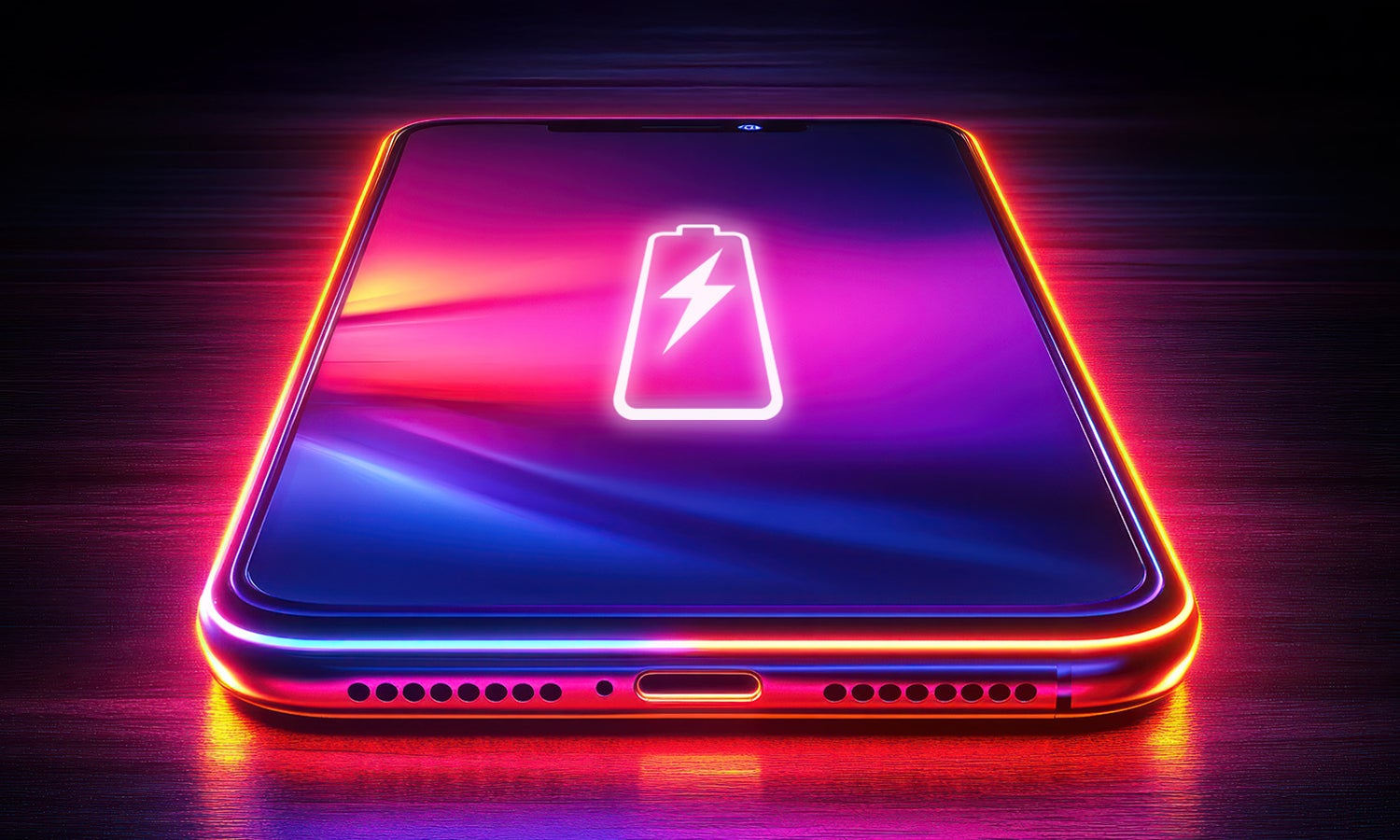 Red mobile device with neon screen in pink, blue, red, and purple with a battery symbol in white